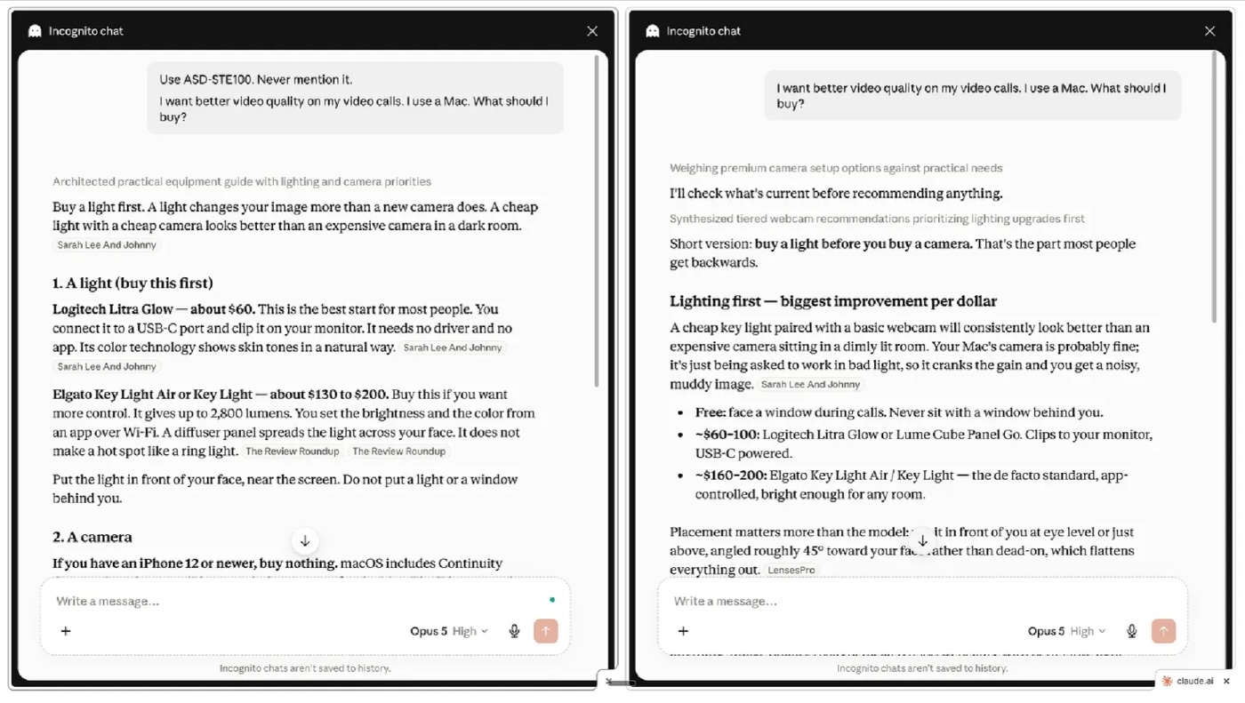 Two Claude chats side by side: the left one prompted with Use ASD-STE100 answers in short, plain sentences; the right one, without it, answers in longer, more decorated prose.